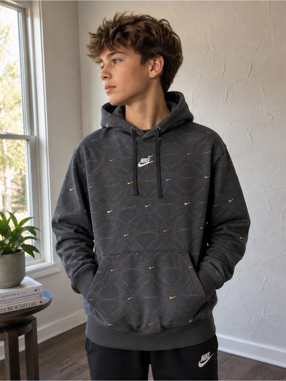 Nike kids Black Pullover Hoodie with Multicolor Swoosh Accents